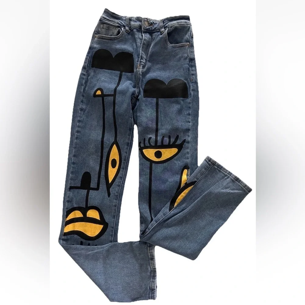 Akira | High Waist Eyes On Me Graphic Jeans Size 25 Blue Denim Straight Leg